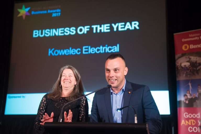 Julie Roberts and Adrian Kowal receive the Business of the Year award for Kowelec Electrical Service(Photo credit: Brendan McCarthy)